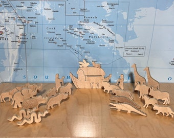 Arca de Noé en miniatura de madera tallada a mano, 25 piezas, adorable historia bíblica