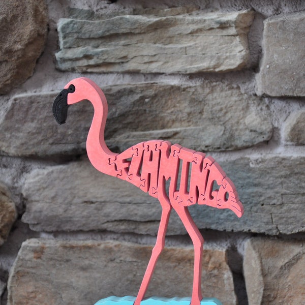 Pink Flamingo Bird Puzzle Wooden Toy Hand Cut Figurine Coastal Art