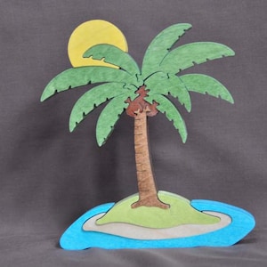 Linda praia ensolarada palmeira quebra-cabeça brinquedo de madeira decoração corte à mão
