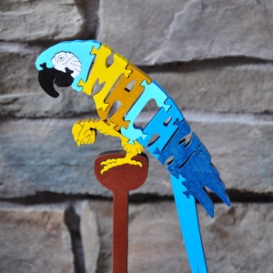 Blue and Gold Macaw Parrot Bird  Animal Puzzle Wooden Toy Hand  Cut Figurine Art Tropical