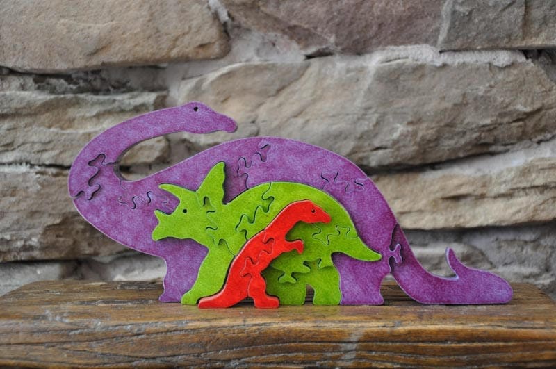 Long Neck Triceratops  Dinosaur Purple Family Set Animal Puzzle Wooden Toy Hand  Cut Figurine