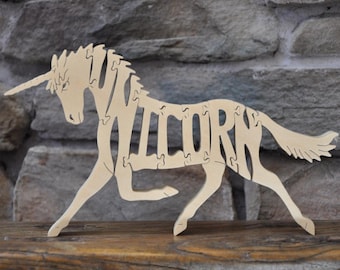 Rompecabezas de caballo de fantasía de unicornio corriendo, juguete de madera, figura artística cortada a mano
