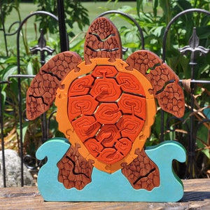 NEW Ornate Island Turtle Wooden Animal Puzzle Toy  Hand Cut  Figurine Art