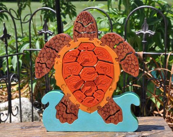 Extra Large Size Ornate Island Turtle Wooden Animal Puzzle Toy  Hand Cut  Figurine Art