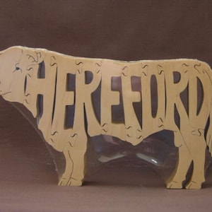 Hereford Cow or Bull Cattle Puzzle Wooden Toy Hand Cut Farm Art Figurine
