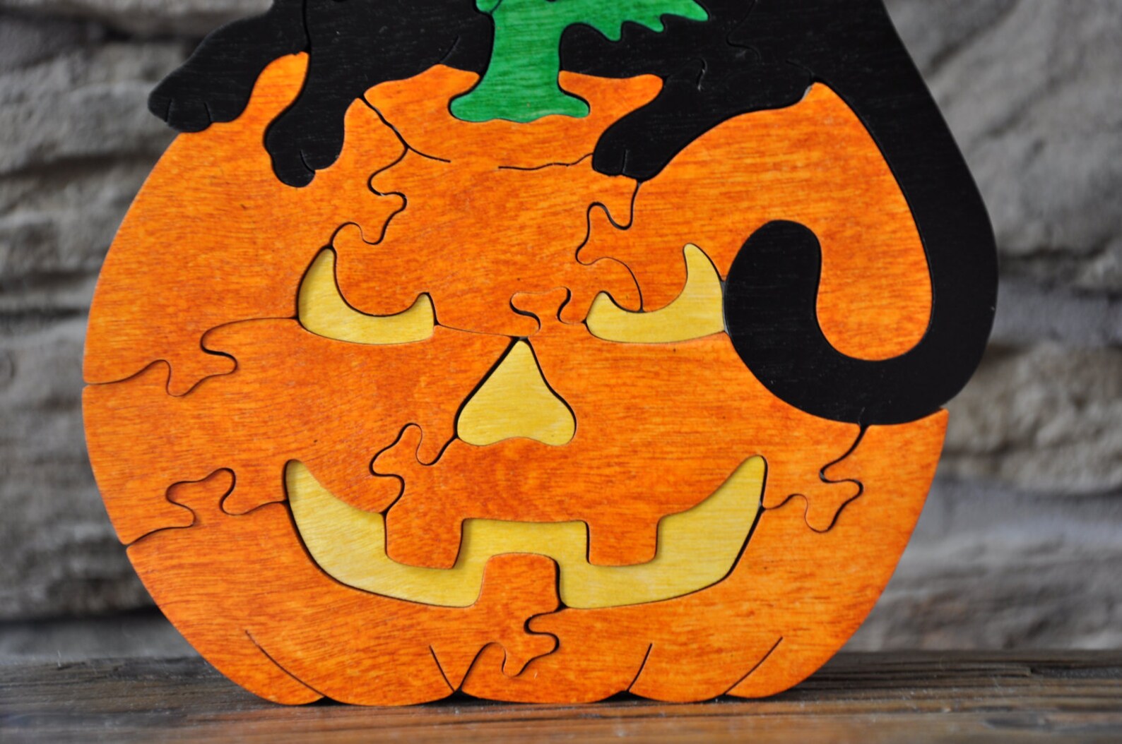 Jack O Lantern Pumpkin With Black Cat Halloween Fall Puzzle Wooden Toy ...