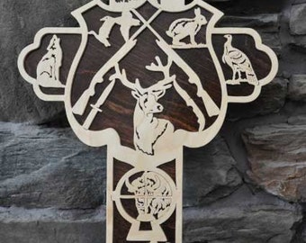 Hunter's Hunting Gun Cross Scrolled Wooden Cross Wall Hanging