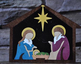 Nativity  Puzzle Decor  North Star Wooden Hand Cut Creche Christmas Decoration with Baby Jesus