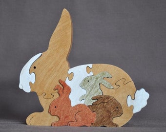 Golden Bunny with Babies Easter Animal Puzzle  Wooden Toy Hand  Cut with Scroll Saw