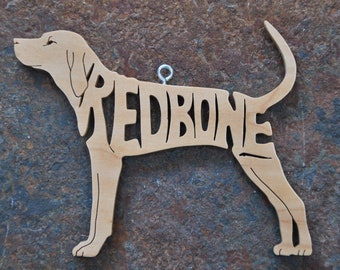 Red Bone Hound Hunting  Dog Wooden Christmas Ornament Decoration Hand Cut Redbone