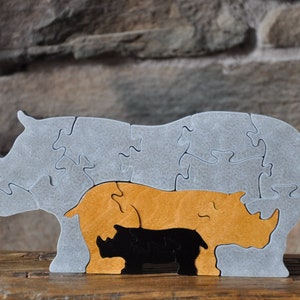 Rhino Rhinoceros 3D Animal Puzzle Wooden Toy Hand  Cut with Scroll Saw Figurine