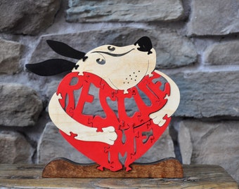 NEW Rescue HUGS Shelter Dog Puzzle Wooden Toy Hand Cut with Scroll Saw