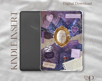 May include: Kindle insert with a collage design. The design features a purple galaxy background with mountain illustrations, a gold ornate frame, and various text elements. The text includes "Bat Boys", "Cauldron Boil Me", and "Mentally in Velaris".