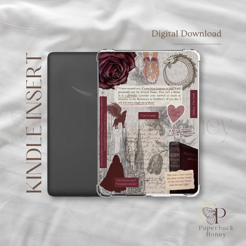 May include: A Kindle Insert with a decorative design featuring a burgundy rose, a pegasus, and text excerpts. The design includes a cathedral illustration and a heart-shaped graphic. The words "Digital Download" are visible.