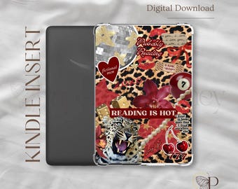 Lesen ist heiß~~ Kindle Printable | Klare Hülle einfügen | Kindle Ästhetik | Kindle Aufkleber | Digitale Datei ~ Leopardenmuster, rot, kirschrot