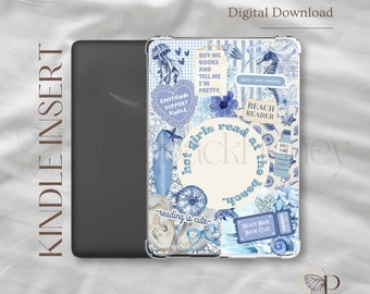 May include: A digital download for a Kindle Paperwhite cover featuring a beach theme with blue and white colors. The cover has a variety of stickers and illustrations, including a seashell, a jellyfish, a surfboard, and a book club ticket. The text on the cover reads "hot girls read at the beach" and "Beach Babe Book Club".