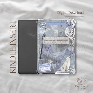 May include: A Kindle Insert with a clear case featuring a wolf howling at the moon, snowflakes, and butterflies. The case has text that reads "QUICKSILVER" and "LITTLE OSHA". The background is a misty, wintery scene.