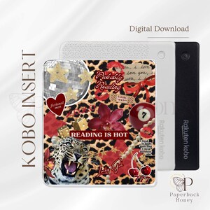 May include: A Kobo insert with a leopard print design, featuring text that reads "Probably Reading" and "Reading is Hot." The insert includes a disco ball, dice, cherries, and a snarling leopard. The words "fictional men" are also visible.