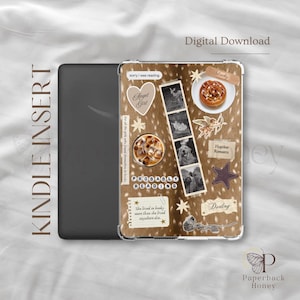 May include: A Kindle Insert case featuring a brown and white spotted pattern. The case is adorned with stickers, including a heart, stars, and photographs. Text on the case includes "Angel Girl", "Probably Reading", and "Darling". The words "Digital Download" are also visible.