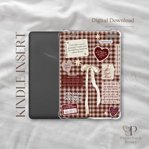 May include: A clear Kindle insert case with a decorative design. The case features a red and white checkered pattern with various stickers and text, including hearts, stars, and the words "Hot Girls Read."