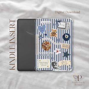 May include: Kindle insert with a clear case featuring a blue and white striped pattern. The case is decorated with various stickers, including a teddy bear, stars, and the text "Lucky Girl" and "Probably Reading".