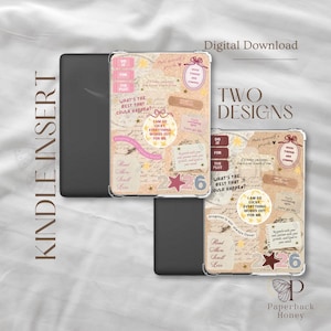 Può includere: Due inserti per Kindle con un design a collage. Gli inserti presentano un mix di testo, stelle ed elementi decorativi nei toni del beige, rosa e oro. Il testo include frasi come "Cosa c'è di meglio che potrebbe succedere?" e "Sono così fortunato, tutto funziona per me."