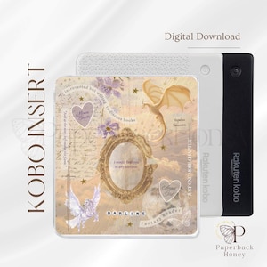 May include: Kobo insert with a fantasy theme. The insert features a gold frame, a dragon, and the text "DARLING". The background is a collage of script and floral elements. The Kobo is white and black.