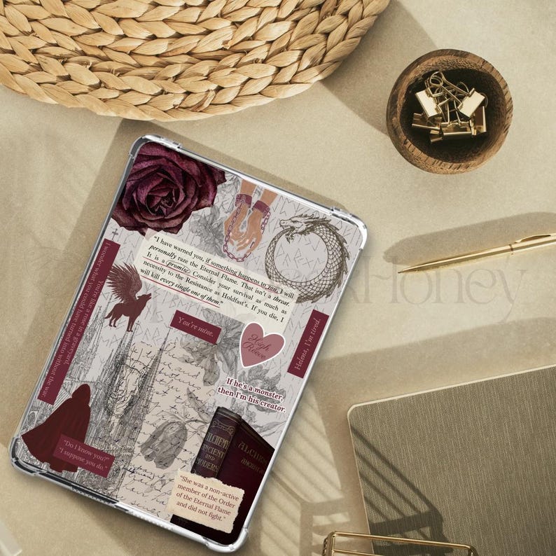 May include: Clear tablet case with a collage design featuring a burgundy rose, text excerpts, and illustrations of a dragon, a pegasus, and a hooded figure. The case has a clear border and a decorative theme.