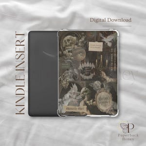 May include: A digital download for a Kindle Paperwhite case featuring a collage of gothic imagery. The collage includes a skull, an eye, a heart, a dove, and text that reads "Love at First Bite", "Memento Mori", "But the Horror, the Horror Was For Love", and "Gothic Romance".