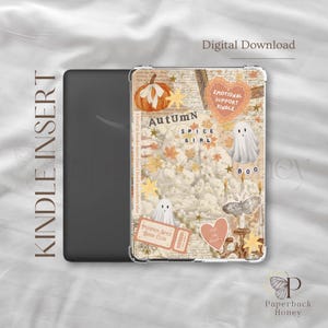 May include: A Kindle insert with an autumn-themed design. The insert features a pumpkin, ghosts, stars, and the words "Autumn" and "Spice Girl." The design has a vintage aesthetic with a beige background and various decorative elements.