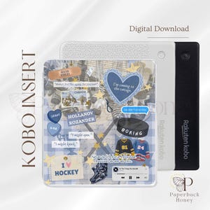 May include: A digital download Kobo insert with a collage design. The insert features text and graphics, including hearts, stars, and hockey-themed elements. The Kobo is shown with a white and black Rakuten Kobo.