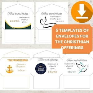 Puede incluir: Cinco plantillas de sobres imprimibles para diezmos y ofrendas. Cada plantilla presenta un diseño diferente, incluyendo una cruz, una paloma y un logotipo de iglesia. El texto en los sobres dice "Diezmos y ofrendas" y "Dios ama al dador alegre. 2 Cor 9:7".