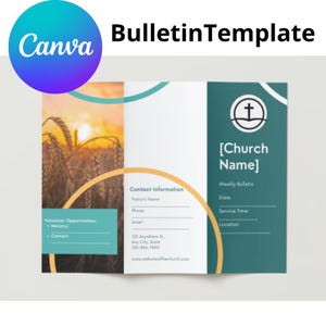 May include: A tri-fold church bulletin template with a sunset field background. The front cover features a cross symbol and the text "[Church Name]" in a teal and yellow colour scheme. The inside pages include sections for contact information, volunteer opportunities, and weekly bulletin details.