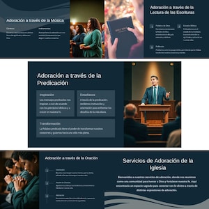 Puede incluir: Una diapositiva de presentación con un fondo azul oscuro y texto blanco. La diapositiva se titula "Adoración a través de la Música" e incluye secciones sobre "Canto" e "Instrumentos". La diapositiva también incluye una foto de un grupo de personas cantando en una iglesia.