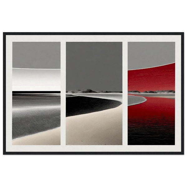 Kueste Triptychon-01, Poster auf matten Papier in Museumsqualität mit Holzrahmen, Wandbild, Wanddekor, Wandkunst, Küste, Strand, grau, rot
