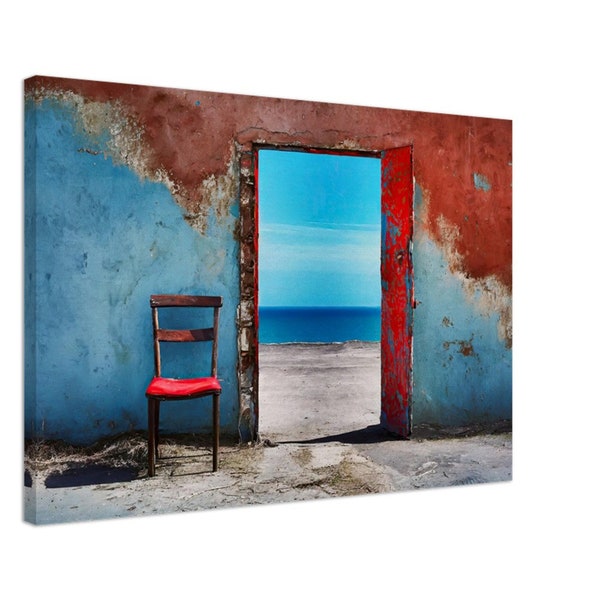 Blick auf das Meer 02-23, Leinwand, Wandbild, Wanddekor, verwittert, verlassen, Stuhl, Mauer, Lost place, blau, rot, unwirklich