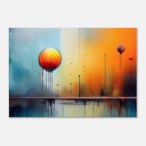 Può includere: Stampa artistica astratta con una vivace composizione di colori. Una grande sfera arancione con gocciolamenti neri domina il lato sinistro, mentre una sfera più piccola e scura è a destra. Lo sfondo passa dal blu all'arancione.