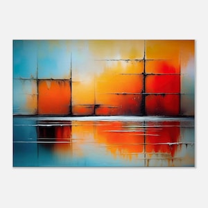 Può includere: Dipinto a olio astratto con una vibrante tavolozza di colori. L'opera presenta una composizione di forme rettangolari arancioni e rosse su uno sfondo di tonalità blu e gialle. La parte inferiore riflette il design superiore.