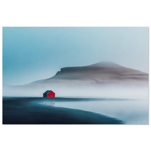 Rotes Haus am Meer, Wandkunst, Wanddekoration, Meer, Küste, Nebel, minimalistisch, maritim, digitalart,