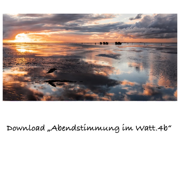 Abendstimmung im Watt-4b, Download, Foto, malerisch, Nacht, Sonnenuntergang, Wasserspiegelung, Fuhrwerke, Duhnen, Cuxhaven, Nordsee, Küste