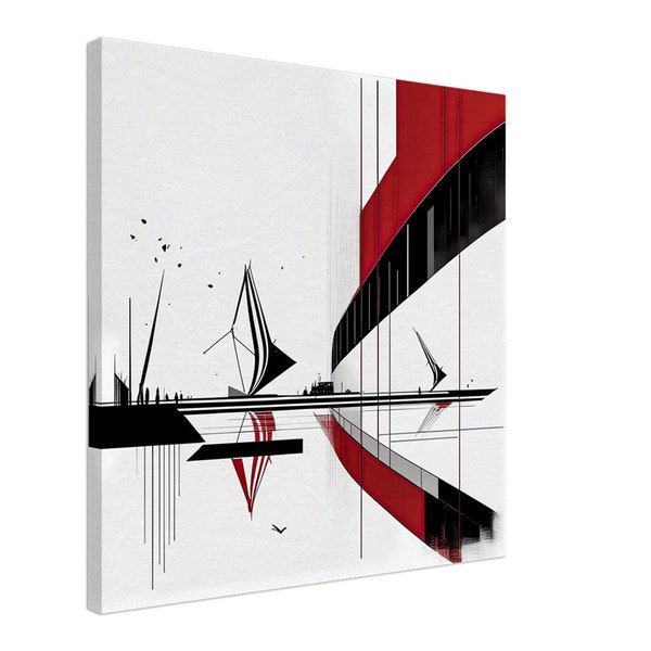 Maritime Architektur abstrakt-01, Leinwand, Wandbild, Wanddekor, Wandkunst, Hafen, Segelschiff, surreal, quadratisch, highkey, weiß, rot