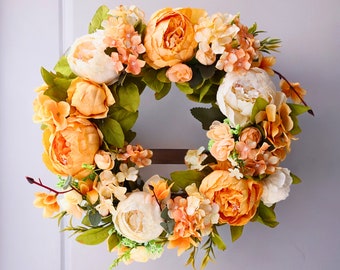 Orange White Peony Wreath for Front Door, Handmade Spring Flower Wreath, Artificial Flower Arrangement, Artificial Flowers, Wedding Decor