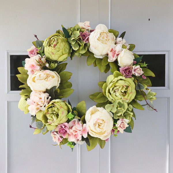 Green White Peony Wreath for Front Door, Handmade Spring Wreath, Wedding Flowers Decor, Artificial Flower Arrangement, Artificial Flowers