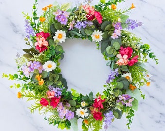 Summer Door Wreath, Handmade Spring Wreath, Wildflower Wreath For Front Door, Artificial Flower Arrangement, House Decor Wedding Flowers