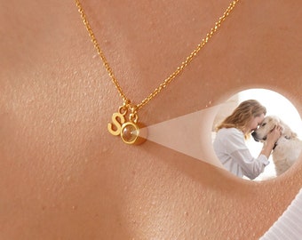 Personalized Projection Necklace with Letter, Initial Photo Necklace, Picture Jewelry, Initial Necklace with Image, Christmas Gift for Her