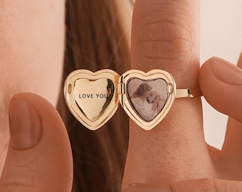 Heart Locket Ring with Photo, Heart Locket Ring, Gold Locket Ring, Memorial Ring, Picture Locket, Antique Ring Locket Jewelry, Gift for Mom