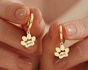Brincos de argola com nome de animal de estimação, brincos para cães/gatos, brincos personalizados em memória de animais de estimação, pata de cachorro, joias que aceitam animais, presente para quem ama animais de estimação, presente para ela