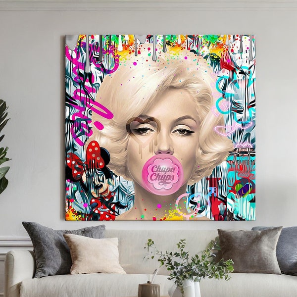 Marilyn Monroe Pink Big Gum Pop Art Colorful Square Canvas Print, Banksy Art, Graffiti, Street Graffiti Wall Art, Gift,Christmas Gift