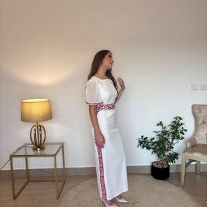 Costumization for White maxi pencil dress with Palestinian Tatreez abaya- kaftan-مطرزات شرقيه -ثوب فلاحي -تطريز فلسطيني hena حنا