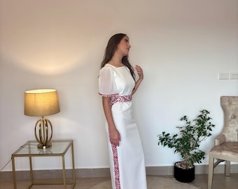 Costumization for White maxi pencil dress with Palestinian Tatreez abaya- kaftan-مطرزات شرقيه -ثوب فلاحي -تطريز فلسطيني hena حنا